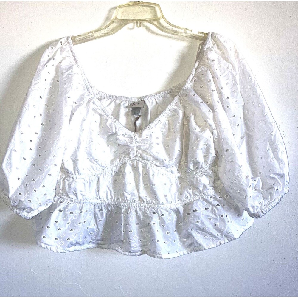 A NEW DAY size L 100% Cotton Fresh White Eyelet Embroidered Top Peasant Blouse